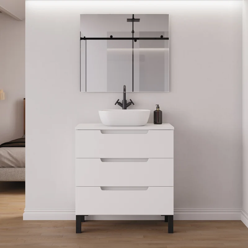 Meuble de salle de bain 70cm avec plateau et vasque à poser arrondie - 3 tiroirs - RIZA