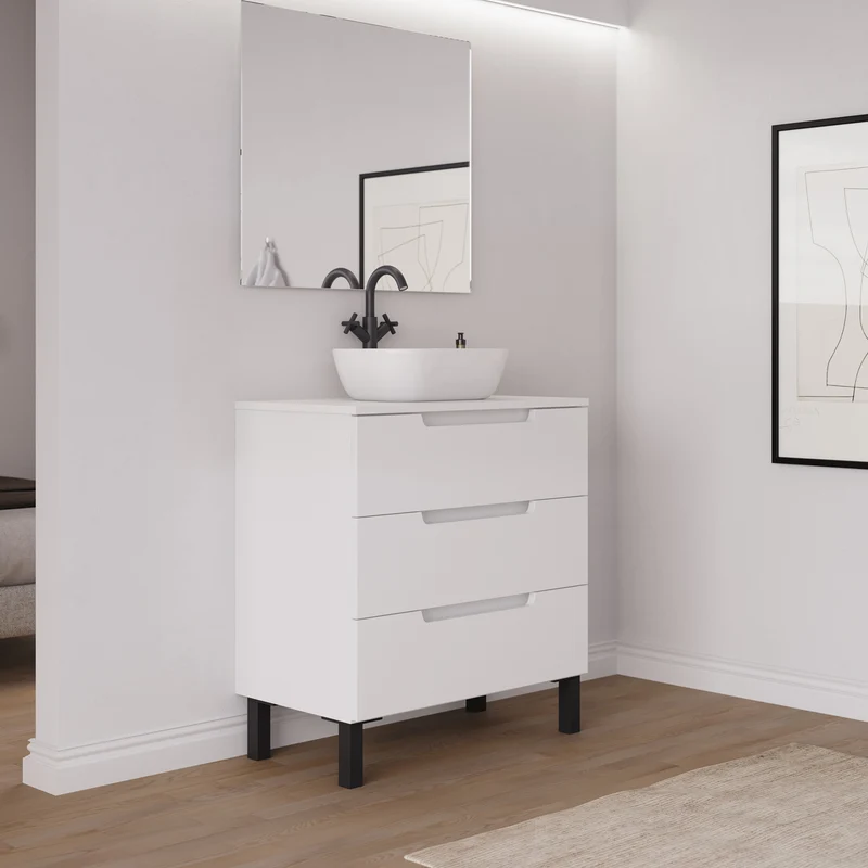 Meuble de salle de bain 70cm avec plateau et vasque à poser arrondie - 3 tiroirs - RIZA