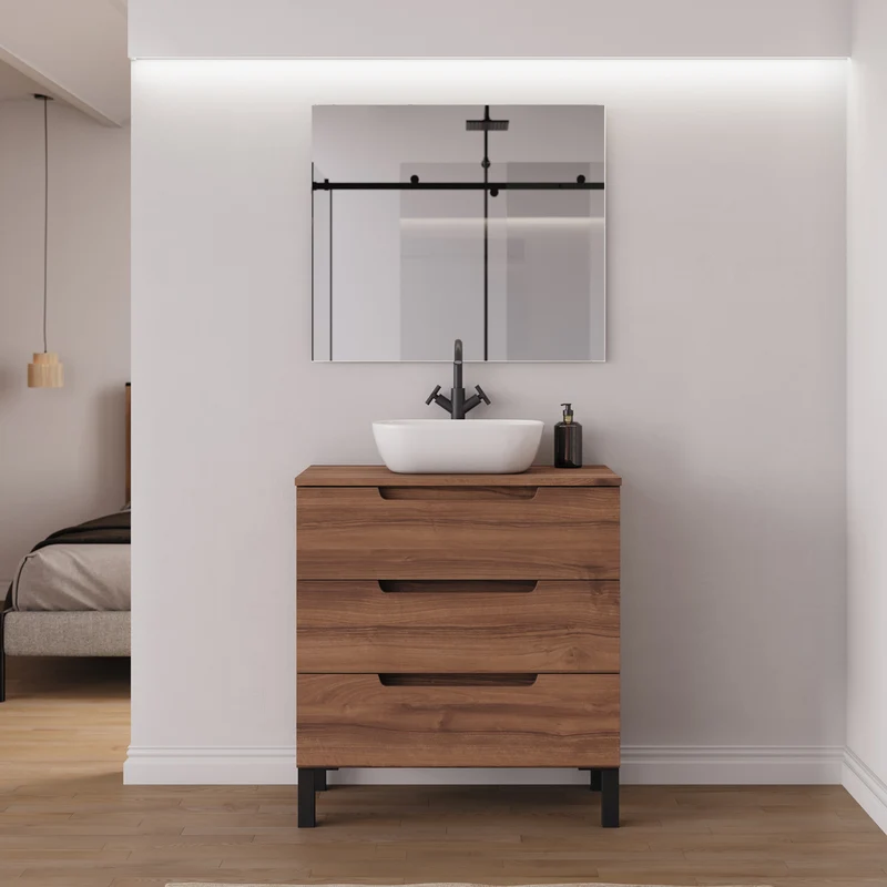 Meuble de salle de bain 70cm avec plateau et vasque à poser arrondie - 3 tiroirs - RIZA