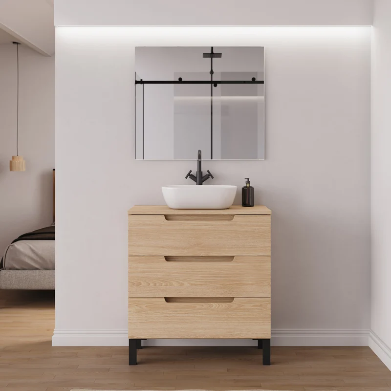 Meuble de salle de bain 70cm avec plateau et vasque à poser arrondie - 3 tiroirs - RIZA