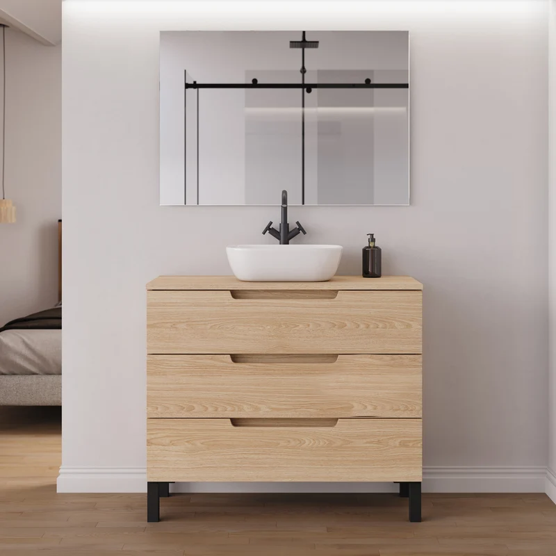 Meuble de salle de bain 90cm avec plateau et vasque à poser arrondie - 3 tiroirs - RIZA