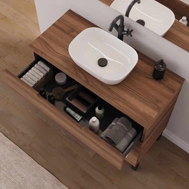 Meuble de salle de bain 90cm avec plateau et vasque à poser arrondie - 3 tiroirs - RIZA