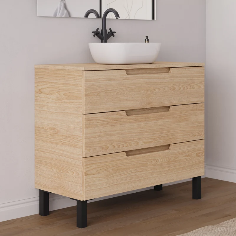 Meuble de salle de bain 90cm avec plateau et vasque à poser arrondie - 3 tiroirs - RIZA