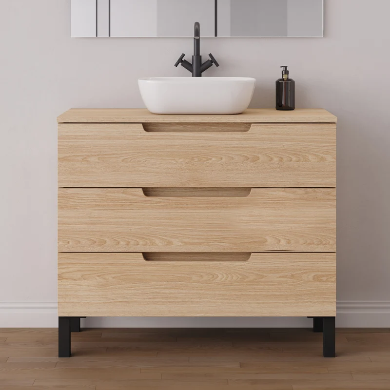 Meuble de salle de bain 90cm avec plateau et vasque à poser arrondie - 3 tiroirs - RIZA