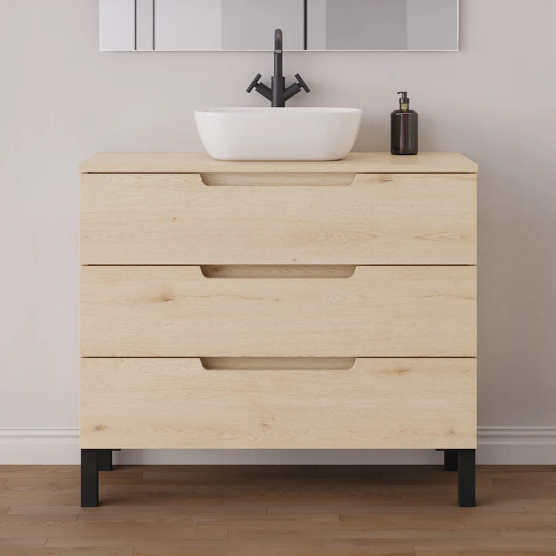 Meuble de salle de bain 90cm avec plateau et vasque à poser arrondie - 3 tiroirs - RIZA