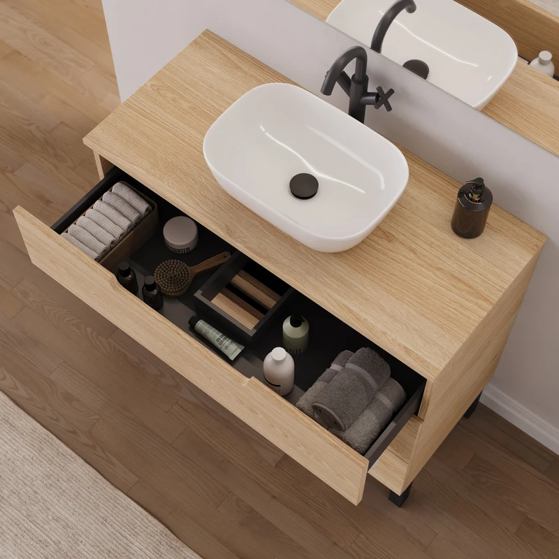 Meuble de salle de bain 90cm avec plateau et vasque à poser arrondie - 3 tiroirs - RIZA