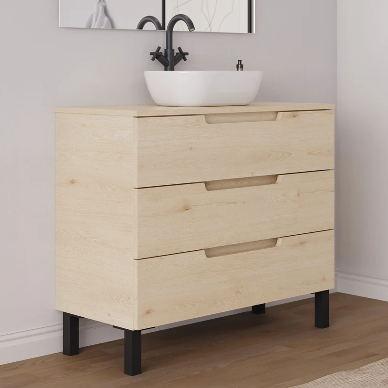Meuble de salle de bain 90cm avec plateau et vasque à poser arrondie - 3 tiroirs - RIZA