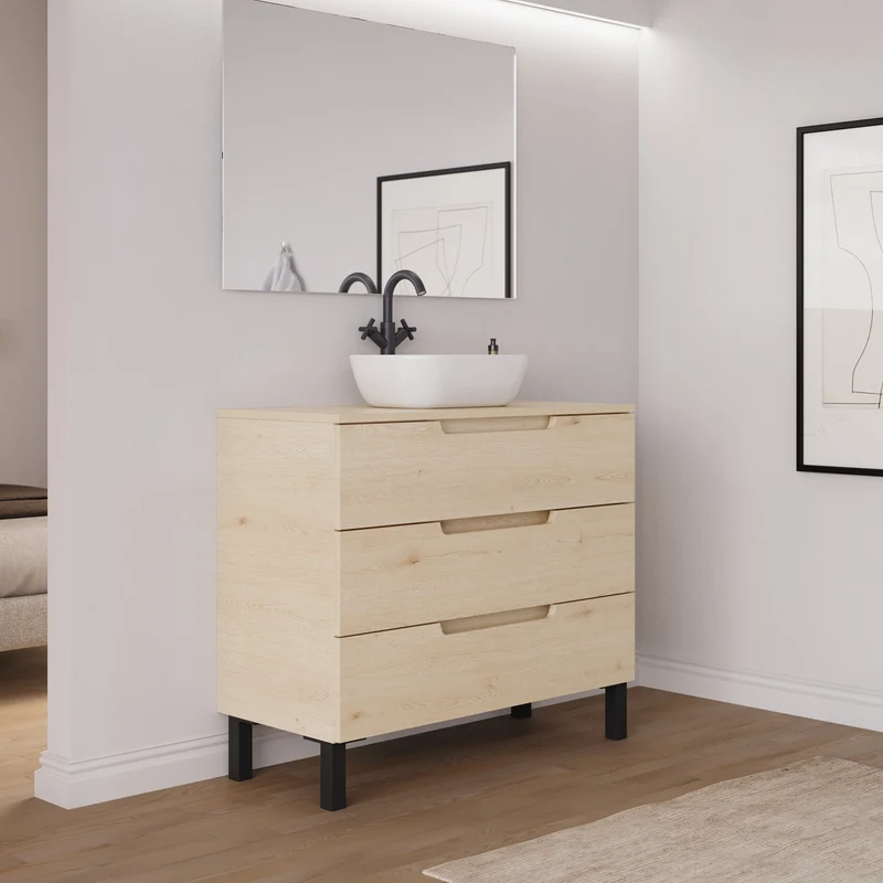 Meuble de salle de bain 90cm avec plateau et vasque à poser arrondie - 3 tiroirs - RIZA