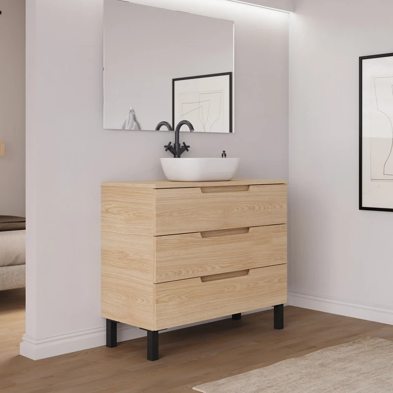 Meuble de salle de bain 90cm avec plateau et vasque à poser arrondie - 3 tiroirs - RIZA