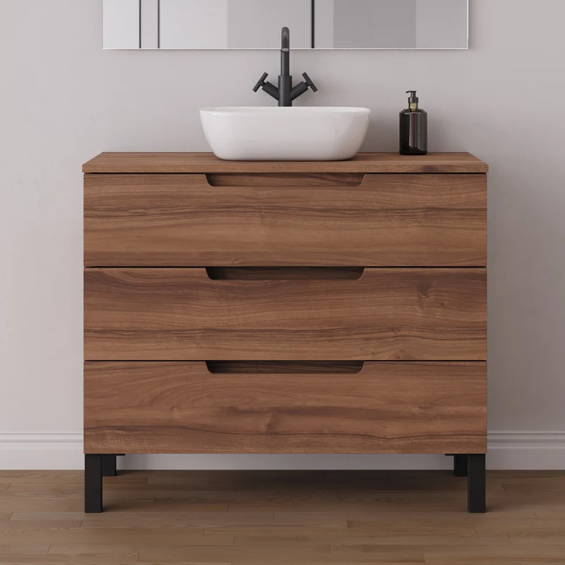 Meuble de salle de bain 90cm avec plateau et vasque à poser arrondie - 3 tiroirs - RIZA