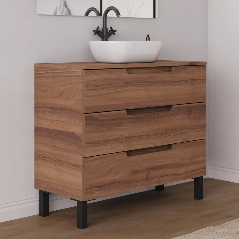 Meuble de salle de bain 90cm avec plateau et vasque à poser arrondie - 3 tiroirs - RIZA