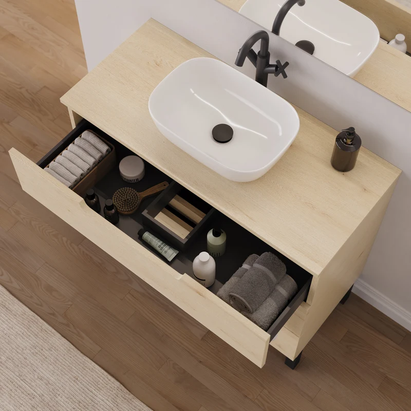 Meuble de salle de bain 90cm avec plateau et vasque à poser arrondie - 3 tiroirs - RIZA