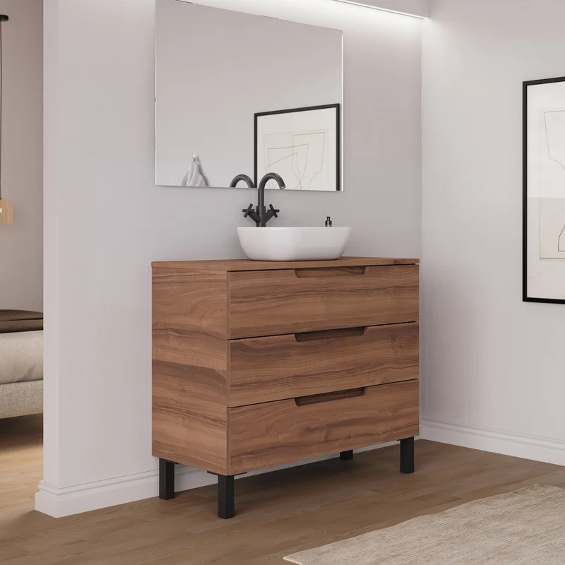 Meuble de salle de bain 90cm avec plateau et vasque à poser arrondie - 3 tiroirs - RIZA