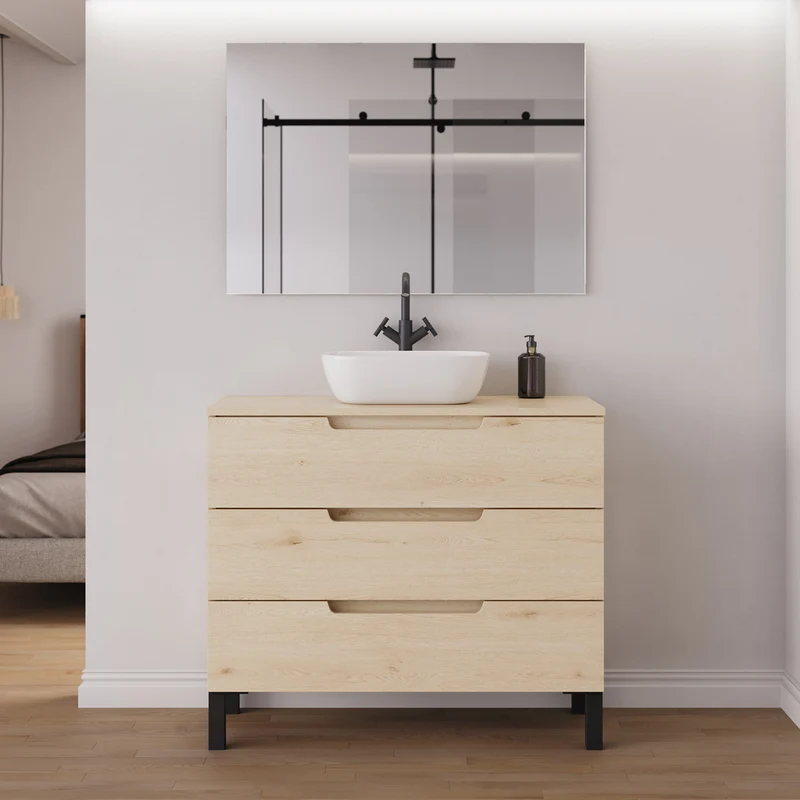 Meuble de salle de bain 90cm avec plateau et vasque à poser arrondie - 3 tiroirs - RIZA