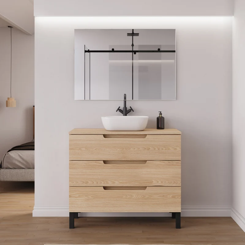 Meuble de salle de bain 90cm avec plateau et vasque à poser arrondie - 3 tiroirs - RIZA