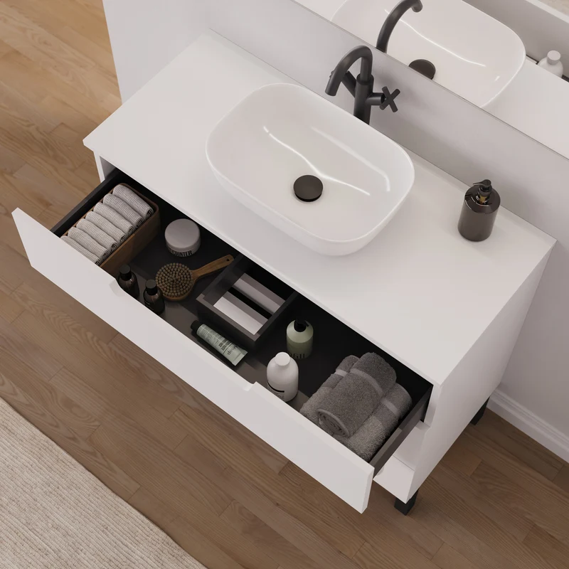 Meuble de salle de bain 90cm avec plateau et vasque à poser arrondie - 3 tiroirs - RIZA