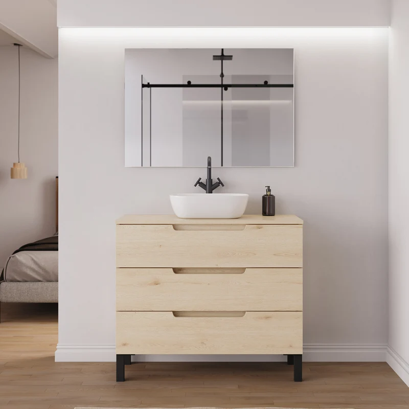 Meuble de salle de bain 90cm avec plateau et vasque à poser arrondie - 3 tiroirs - RIZA