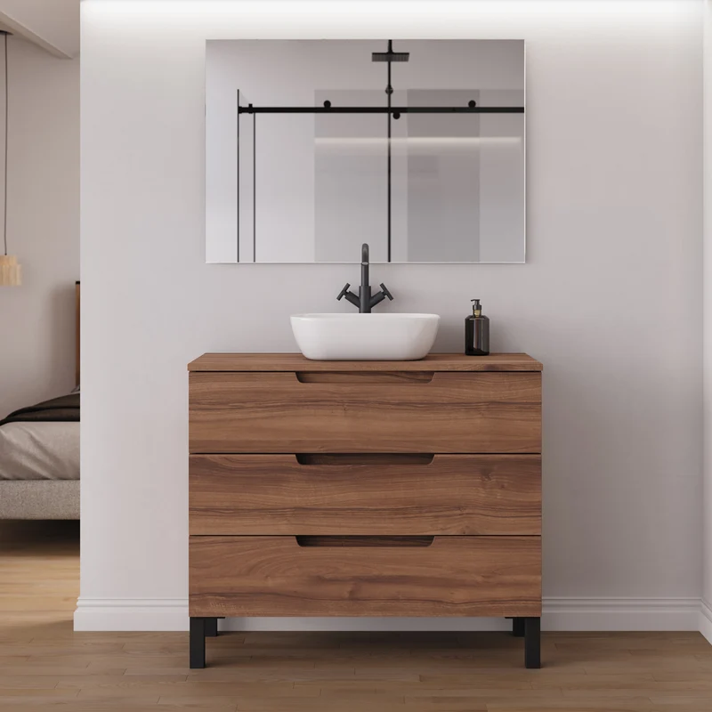 Meuble de salle de bain 90cm avec plateau et vasque à poser arrondie - 3 tiroirs - RIZA