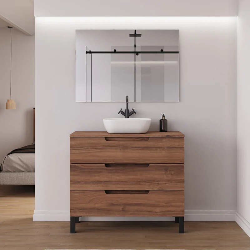 Meuble de salle de bain 90cm avec plateau et vasque à poser arrondie - 3 tiroirs - RIZA