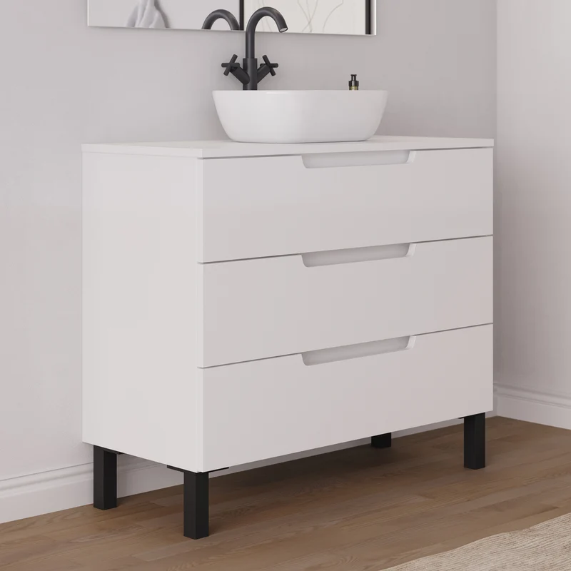 Meuble de salle de bain 90cm avec plateau et vasque à poser arrondie - 3 tiroirs - RIZA