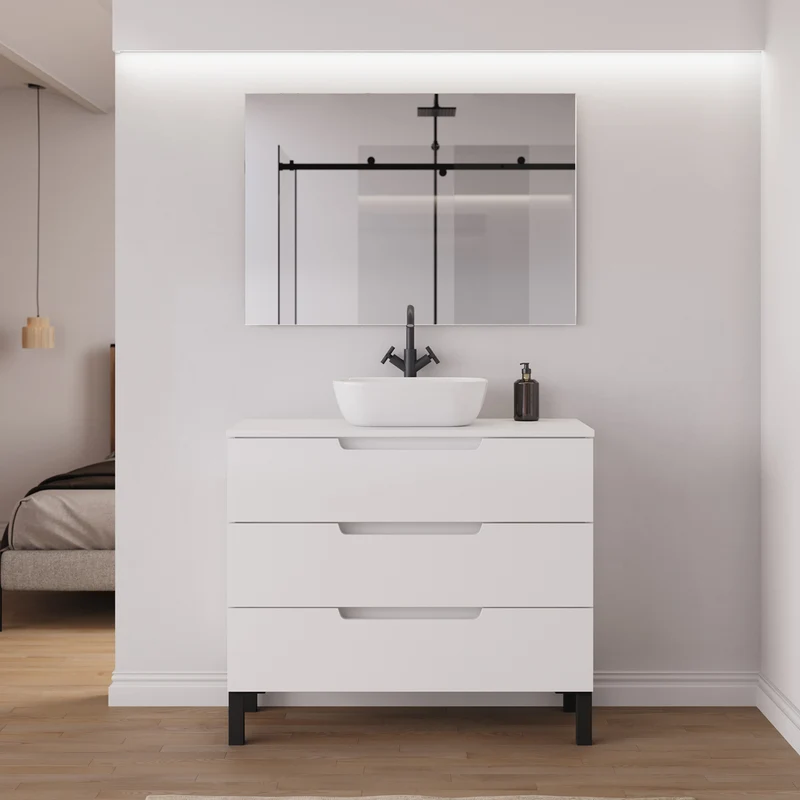 Meuble de salle de bain 90cm avec plateau et vasque à poser arrondie - 3 tiroirs - RIZA