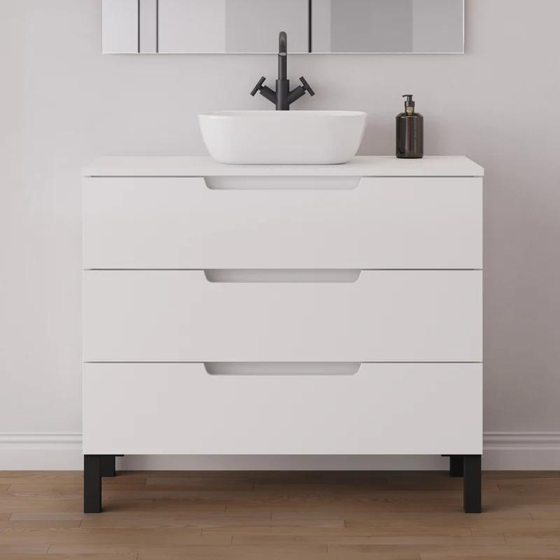 Meuble de salle de bain 90cm avec plateau et vasque à poser arrondie - 3 tiroirs - RIZA