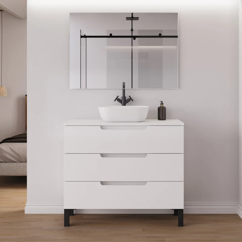 Meuble de salle de bain 90cm avec plateau et vasque à poser arrondie - 3 tiroirs - RIZA