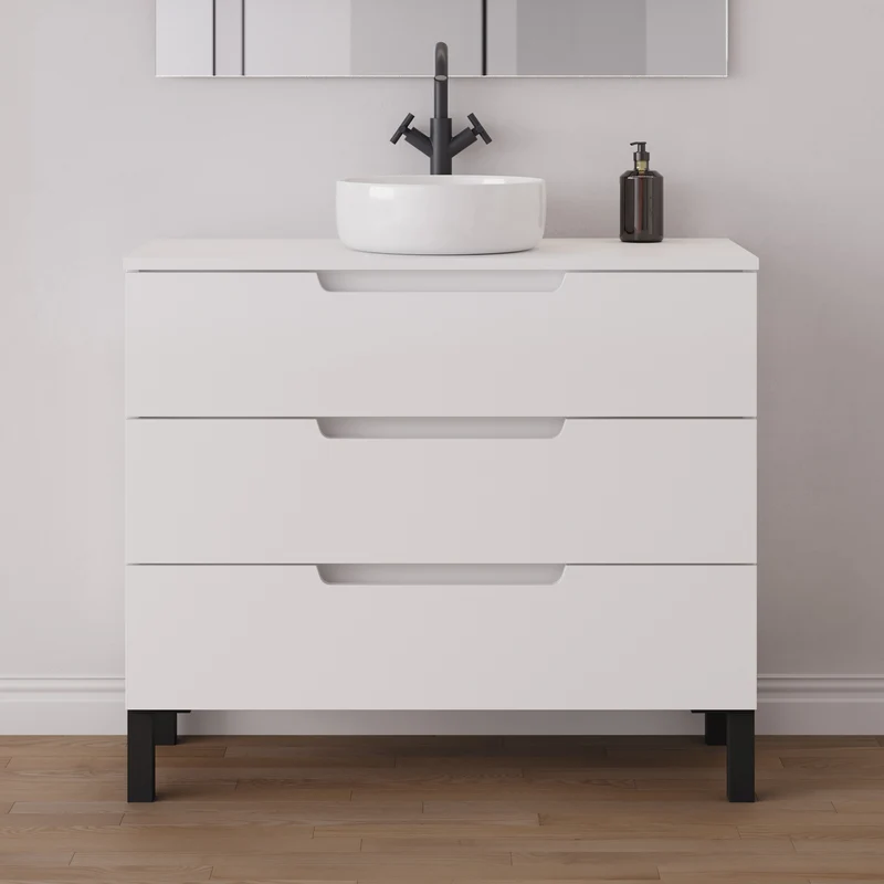 Meuble de salle de bain 90cm avec plateau et vasque à poser ronde - 3 tiroirs - RIZA