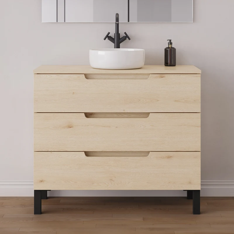 Meuble de salle de bain 90cm avec plateau et vasque à poser ronde - 3 tiroirs - RIZA