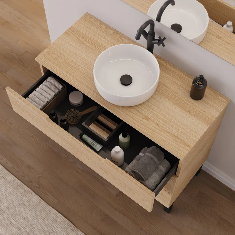 Meuble de salle de bain 90cm avec plateau et vasque à poser ronde - 3 tiroirs - RIZA