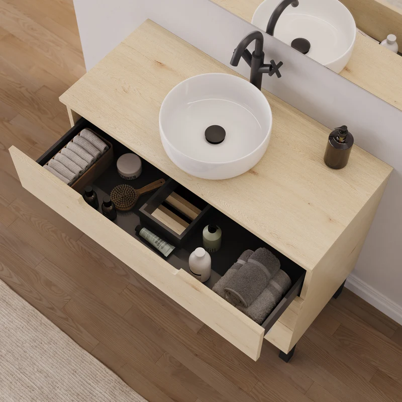 Meuble de salle de bain 90cm avec plateau et vasque à poser ronde - 3 tiroirs - RIZA