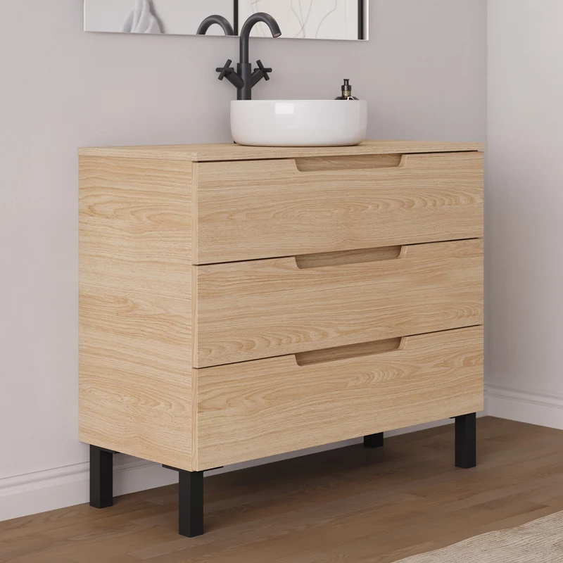 Meuble de salle de bain 90cm avec plateau et vasque à poser ronde - 3 tiroirs - RIZA