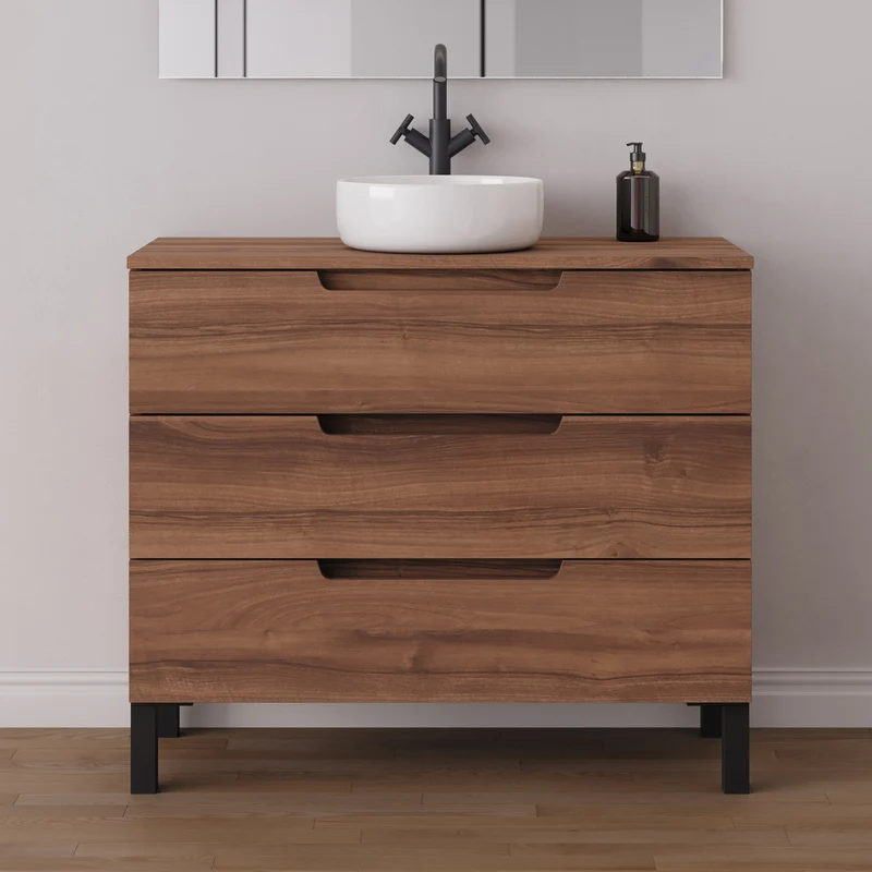 Meuble de salle de bain 90cm avec plateau et vasque à poser ronde - 3 tiroirs - RIZA
