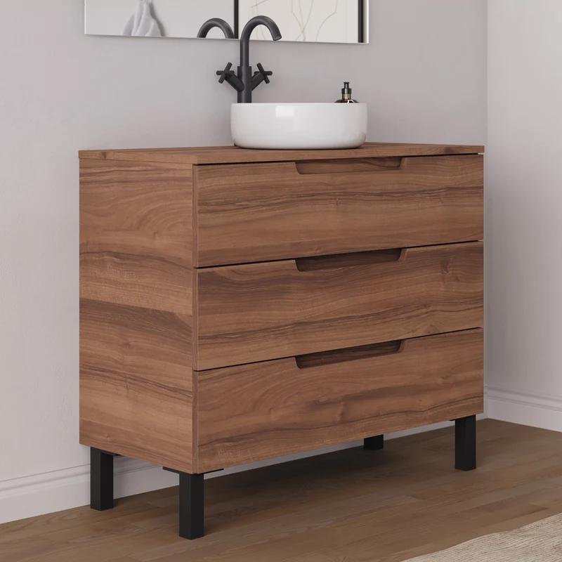 Meuble de salle de bain 90cm avec plateau et vasque à poser ronde - 3 tiroirs - RIZA