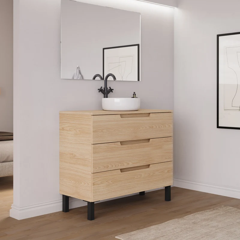 Meuble de salle de bain 90cm avec plateau et vasque à poser ronde - 3 tiroirs - RIZA