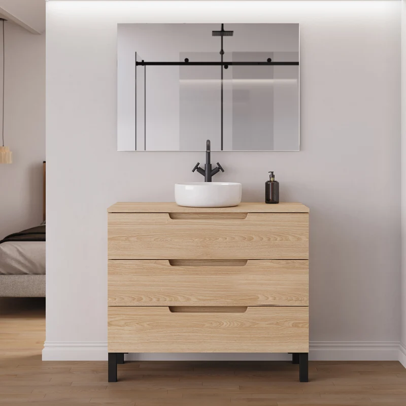 Meuble de salle de bain 90cm avec plateau et vasque à poser ronde - 3 tiroirs - RIZA