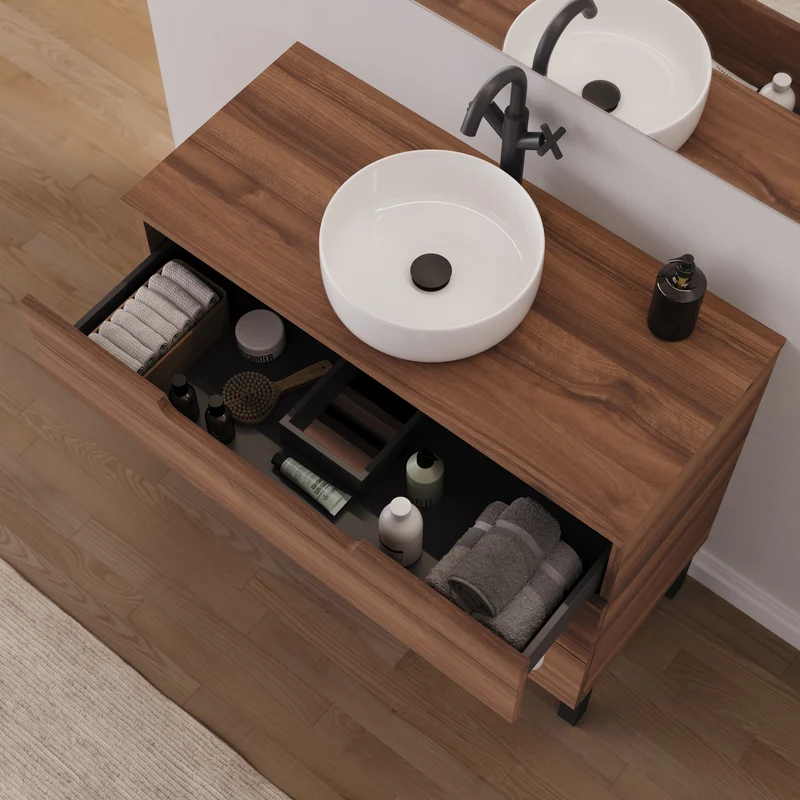 Meuble de salle de bain 90cm avec plateau et vasque à poser ronde - 3 tiroirs - RIZA