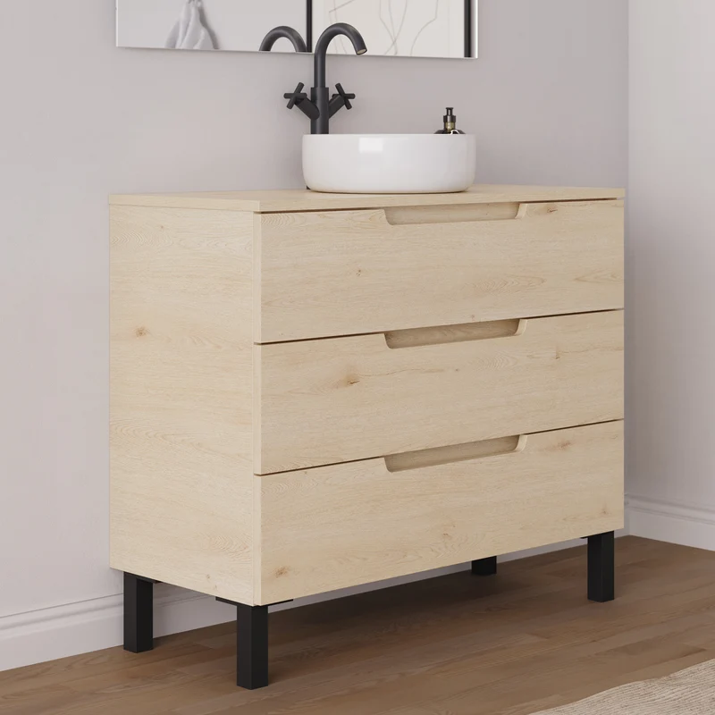 Meuble de salle de bain 90cm avec plateau et vasque à poser ronde - 3 tiroirs - RIZA