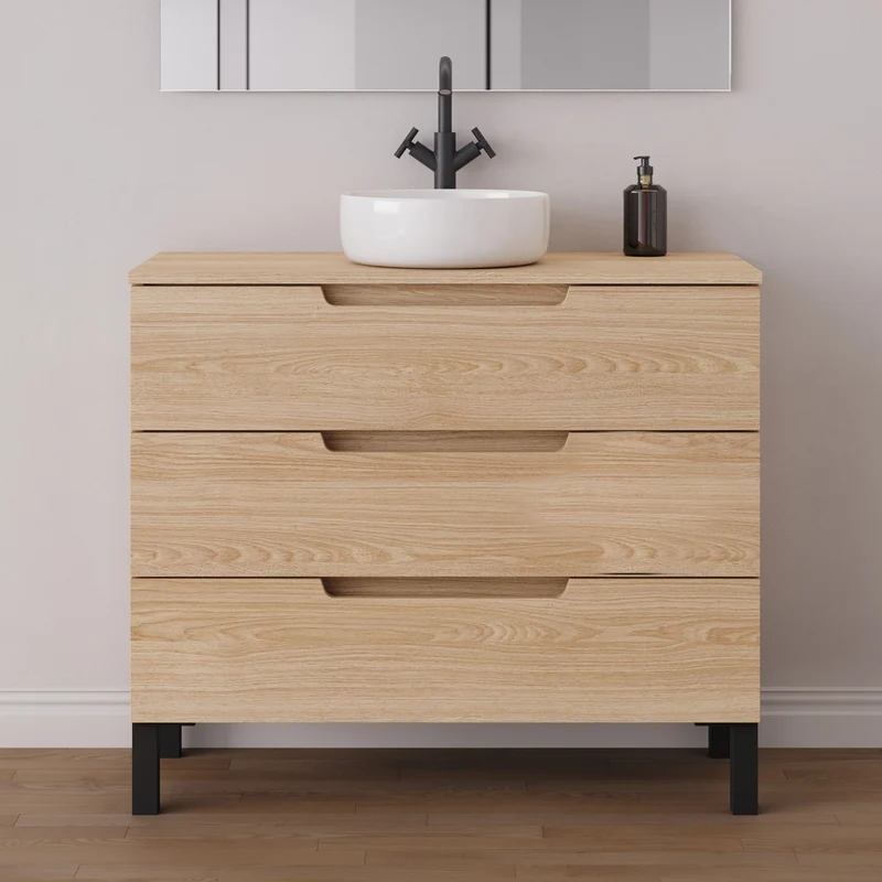 Meuble de salle de bain 90cm avec plateau et vasque à poser ronde - 3 tiroirs - RIZA