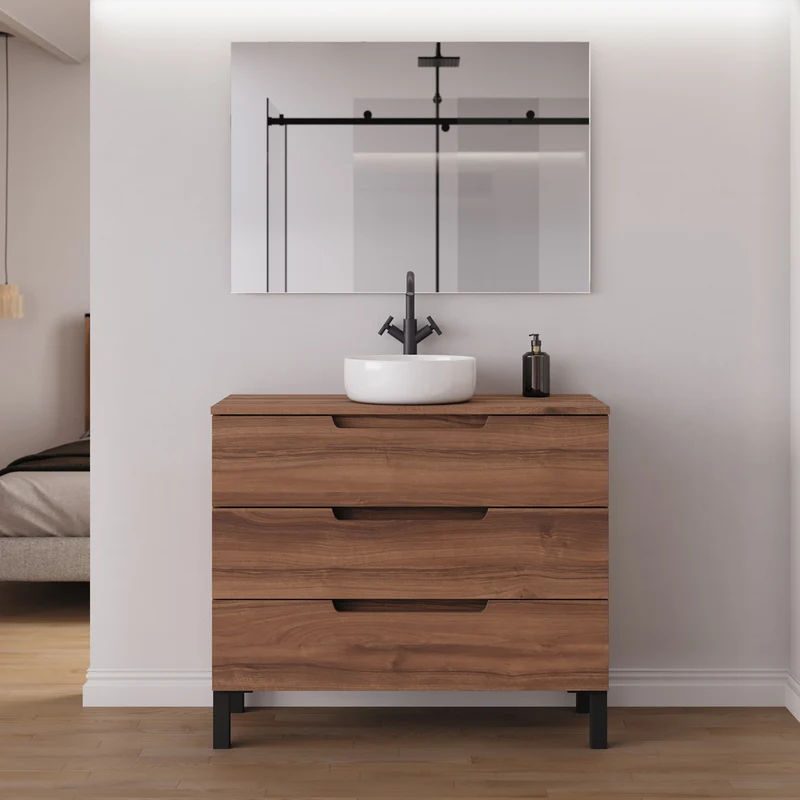 Meuble de salle de bain 90cm avec plateau et vasque à poser ronde - 3 tiroirs - RIZA