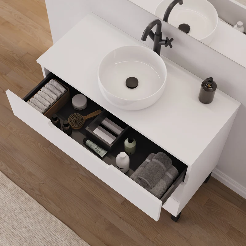 Meuble de salle de bain 90cm avec plateau et vasque à poser ronde - 3 tiroirs - RIZA