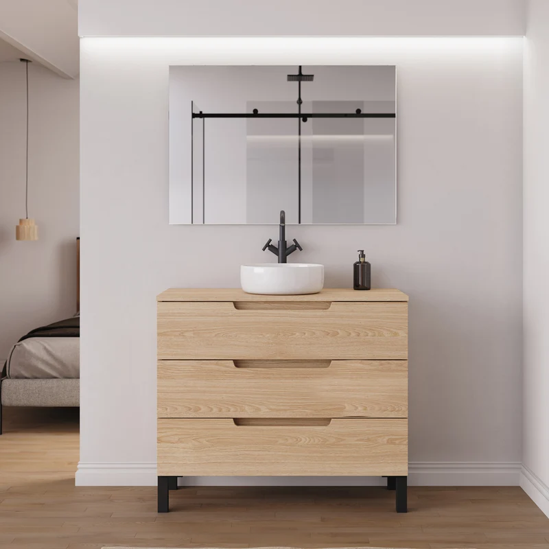 Meuble de salle de bain 90cm avec plateau et vasque à poser ronde - 3 tiroirs - RIZA