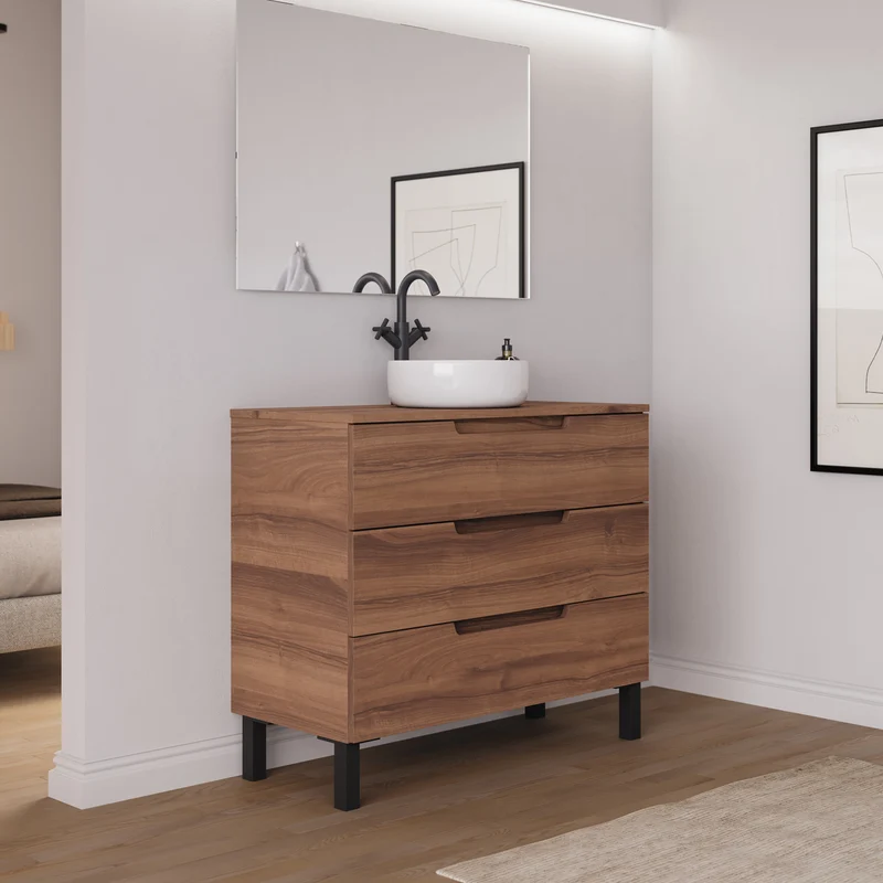 Meuble de salle de bain 90cm avec plateau et vasque à poser ronde - 3 tiroirs - RIZA