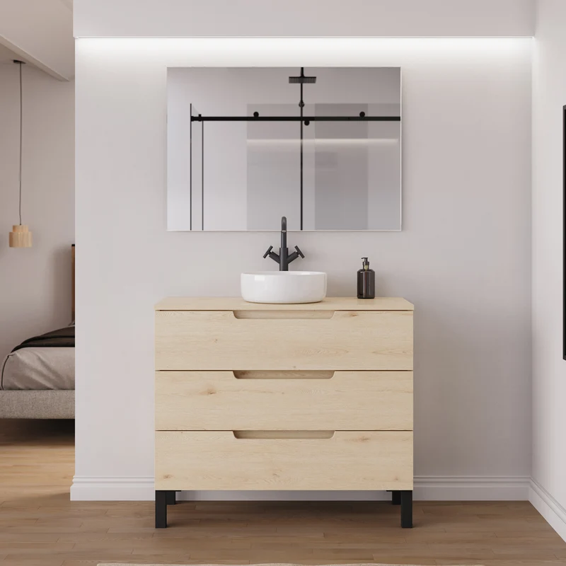 Meuble de salle de bain 90cm avec plateau et vasque à poser ronde - 3 tiroirs - RIZA