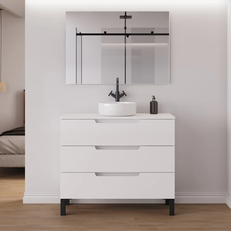 Meuble de salle de bain 90cm avec plateau et vasque à poser ronde - 3 tiroirs - RIZA