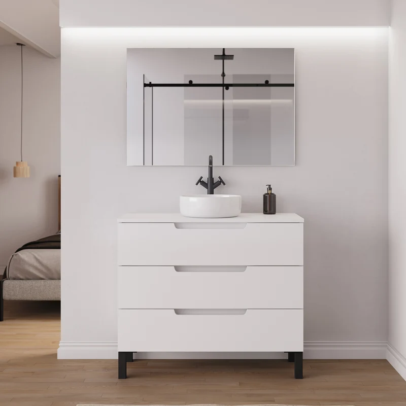 Meuble de salle de bain 90cm avec plateau et vasque à poser ronde - 3 tiroirs - RIZA