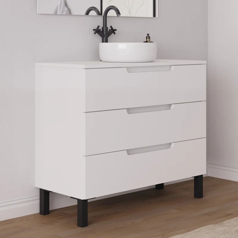 Meuble de salle de bain 90cm avec plateau et vasque à poser ronde - 3 tiroirs - RIZA
