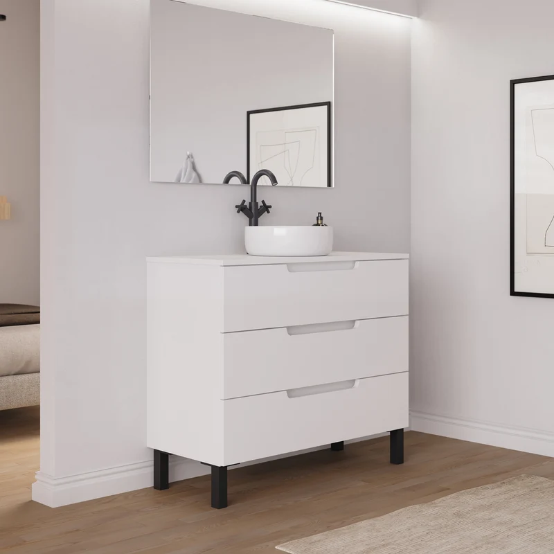 Meuble de salle de bain 90cm avec plateau et vasque à poser ronde - 3 tiroirs - RIZA