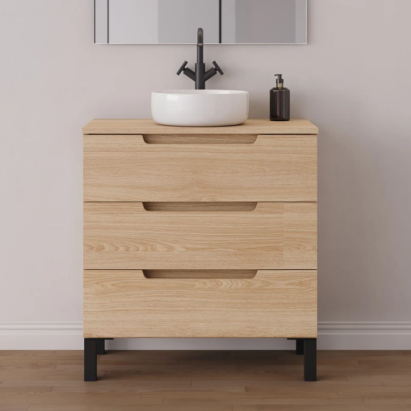 Meuble de salle de bain 80cm avec plateau et vasque à poser ronde - 3 tiroirs - RIZA