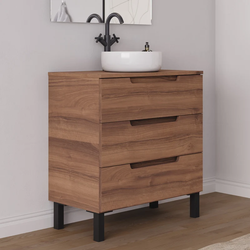Meuble de salle de bain 80cm avec plateau et vasque à poser ronde - 3 tiroirs - RIZA